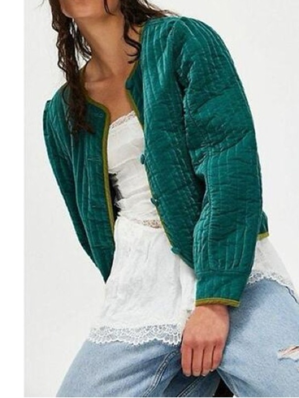 Free People Teal Quilted Velvet Jacket with Olive Trim